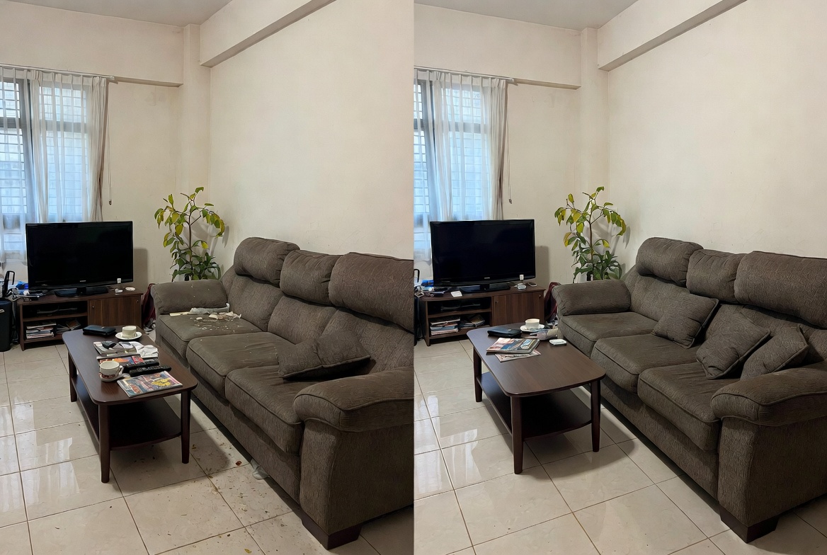 Living room before and after cleaning