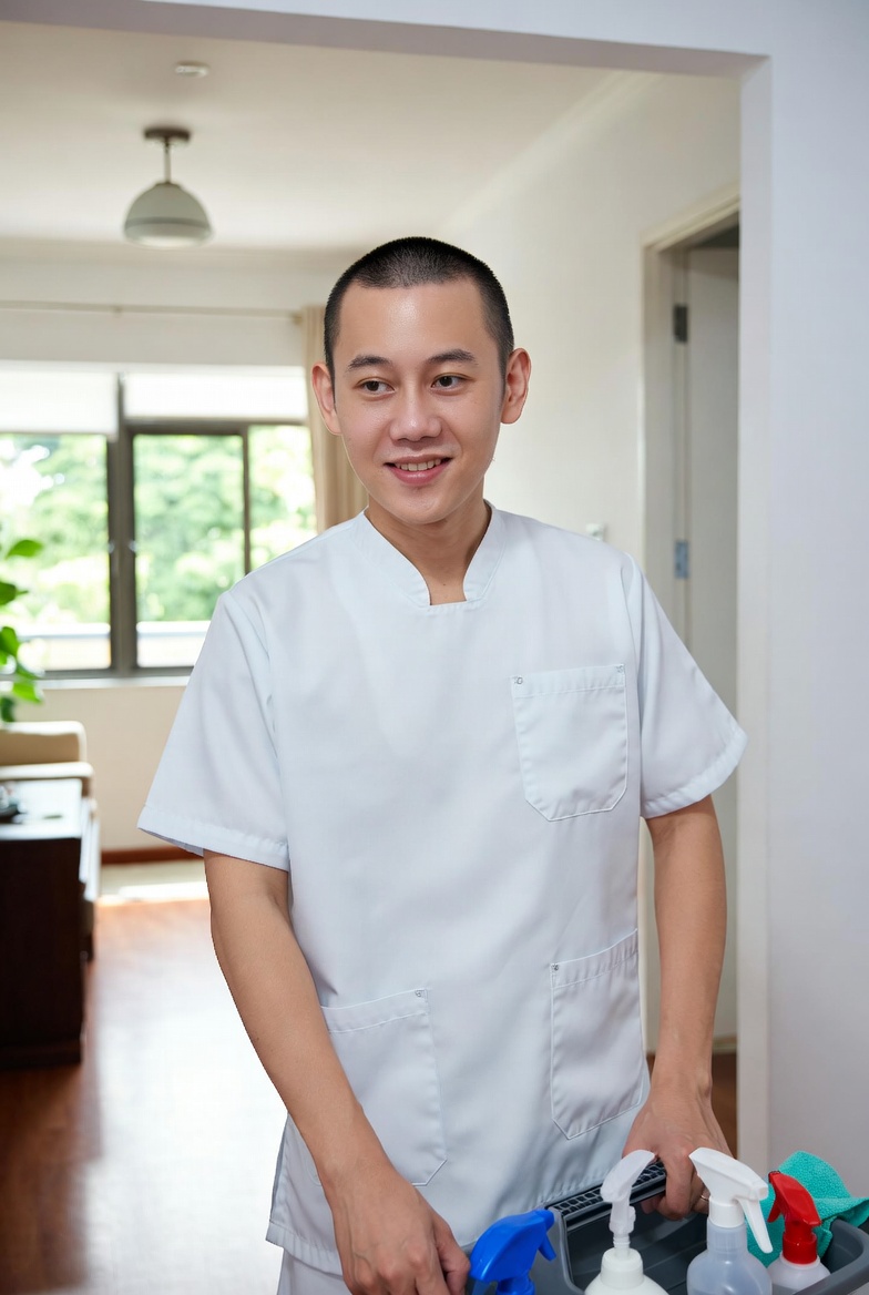 Professional cleaner with cleaning supplies